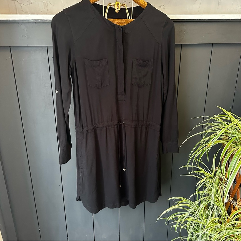 Lou & Grey Black Shirt Dress with Roll Tab‎ Sleeves & Drawstring Waist, Size XS
